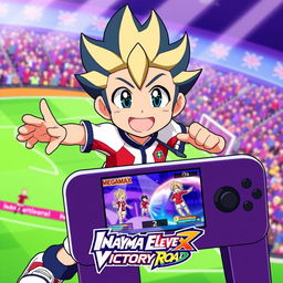 A vibrant and dynamic thumbnail featuring the character Megamax energetically playing the video game Inazuma Eleven: Victory Road