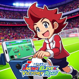 A vibrant and dynamic thumbnail featuring the character Megamax energetically playing the video game Inazuma Eleven: Victory Road