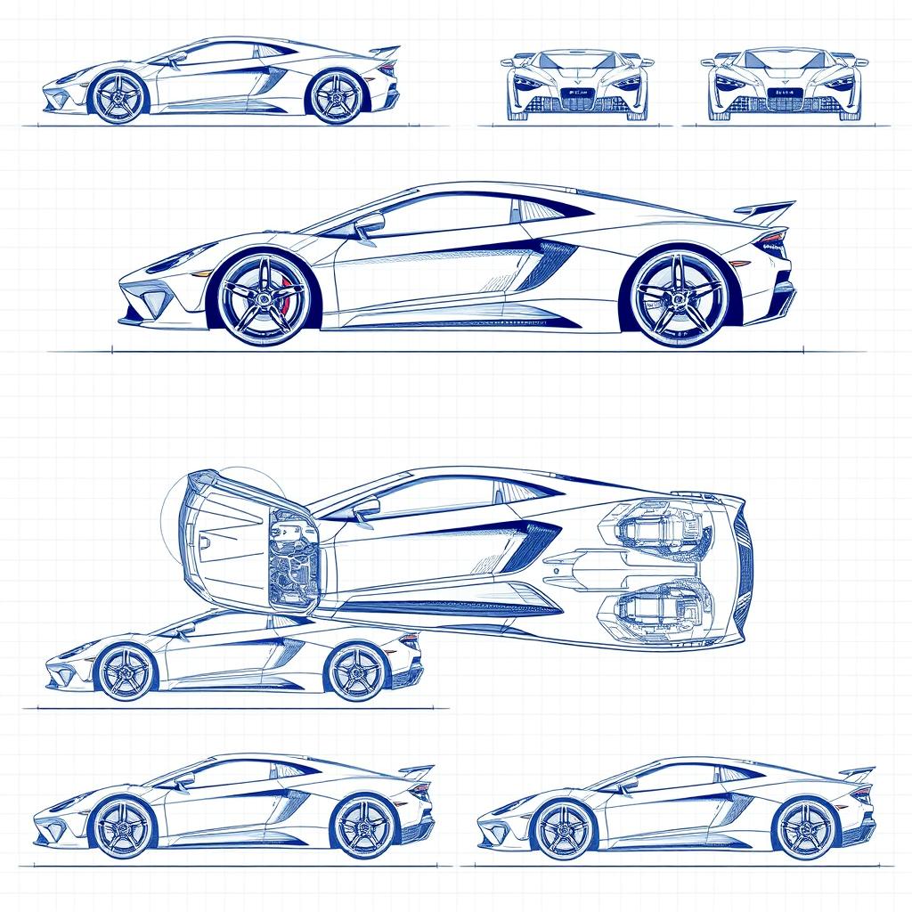 An extensive collection of 100 blueprint sketches of a supercar, displaying an array of angles including right side, left side, front, back, top (up), and bottom (down)