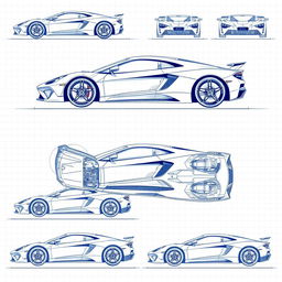 An extensive collection of 100 blueprint sketches of a supercar, displaying an array of angles including right side, left side, front, back, top (up), and bottom (down)