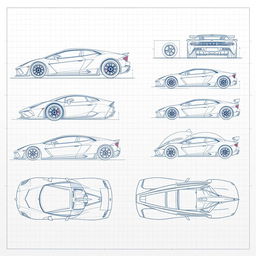 An extensive collection of 100 blueprint sketches of a supercar, displaying an array of angles including right side, left side, front, back, top (up), and bottom (down)