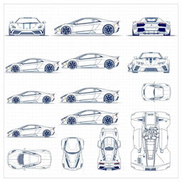 An extensive collection of 100 blueprint sketches of a supercar, displaying an array of angles including right side, left side, front, back, top (up), and bottom (down)