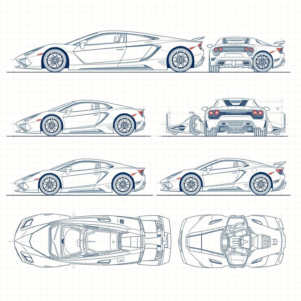 An extensive collection of 100 blueprint sketches of a supercar, displaying an array of angles including right side, left side, front, back, top (up), and bottom (down)