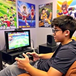 An individual immersed in playing the video game Inazuma Eleven: Victory Road, sitting comfortably in a cozy gaming setup