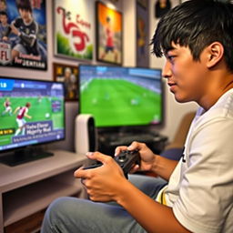 An individual immersed in playing the video game Inazuma Eleven: Victory Road, sitting comfortably in a cozy gaming setup