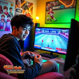 An individual immersed in playing the video game Inazuma Eleven: Victory Road, sitting comfortably in a cozy gaming setup