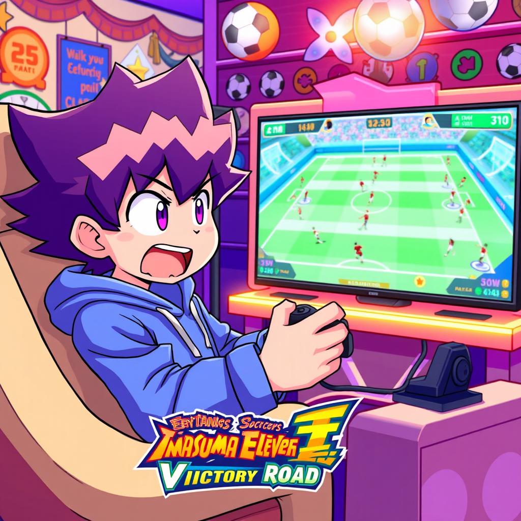 A character resembling Megamax, with recognizable facial features such as large expressive eyes and a distinct hairstyle, intensely focused while playing the video game Inazuma Eleven: Victory Road