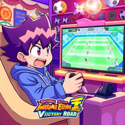 A character resembling Megamax, with recognizable facial features such as large expressive eyes and a distinct hairstyle, intensely focused while playing the video game Inazuma Eleven: Victory Road