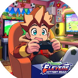 A character resembling Megamax, with recognizable facial features such as large expressive eyes and a distinct hairstyle, intensely focused while playing the video game Inazuma Eleven: Victory Road