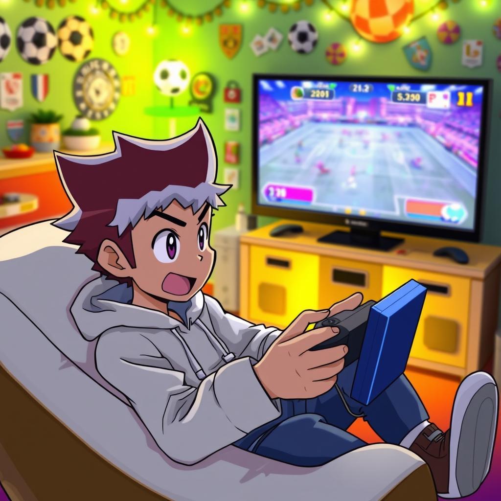 A character resembling Megamax, with recognizable facial features such as large expressive eyes and a distinct hairstyle, intensely focused while playing the video game Inazuma Eleven: Victory Road