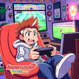 A character resembling Megamax, with recognizable facial features such as large expressive eyes and a distinct hairstyle, intensely focused while playing the video game Inazuma Eleven: Victory Road