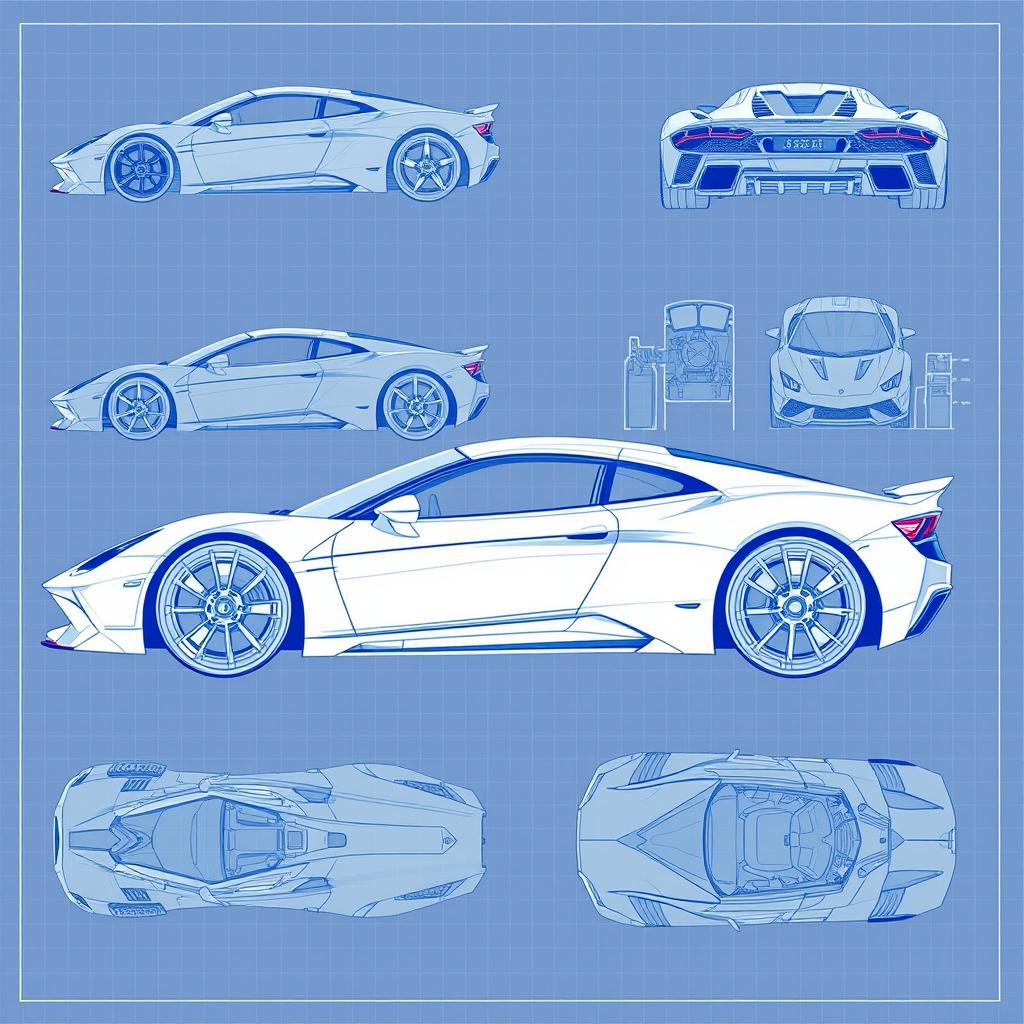 A comprehensive collection of 100 blueprint sketches of a supercar, featuring 20 different angles: right side, left side, front, back, top (up), and bottom (down), along with variations such as diagonal views and perspective shifts to enhance the details