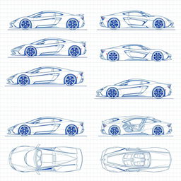 A comprehensive collection of 100 blueprint sketches of a supercar, featuring 20 different angles: right side, left side, front, back, top (up), and bottom (down), along with variations such as diagonal views and perspective shifts to enhance the details