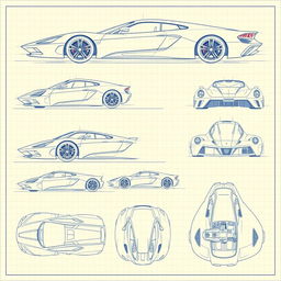 A comprehensive collection of 100 blueprint sketches of a supercar, featuring 20 different angles: right side, left side, front, back, top (up), and bottom (down), along with variations such as diagonal views and perspective shifts to enhance the details