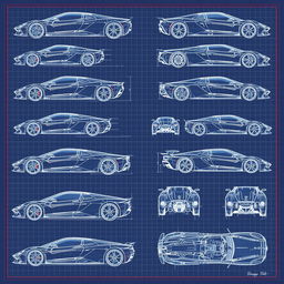 A comprehensive collection of 100 blueprint sketches of a supercar, featuring 20 different angles: right side, left side, front, back, top (up), and bottom (down), along with variations such as diagonal views and perspective shifts to enhance the details