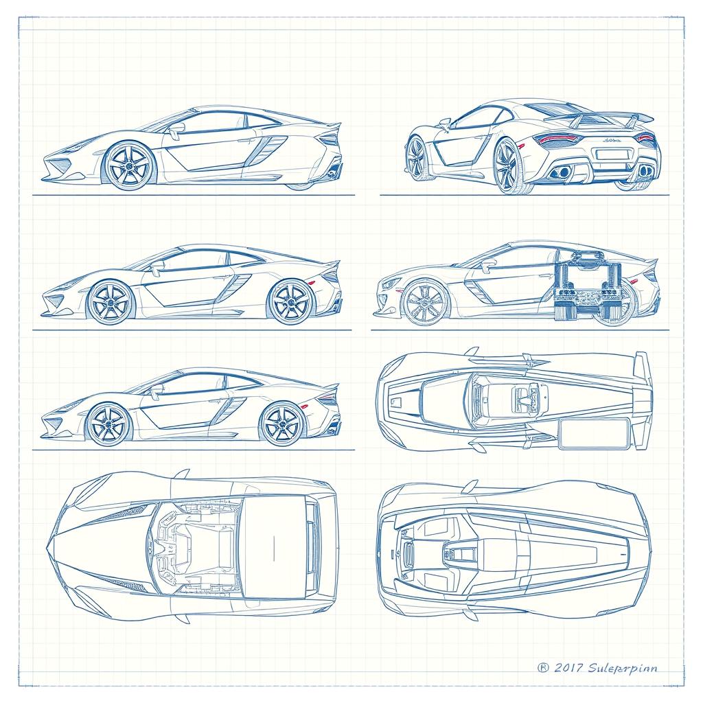 A comprehensive collection of 100 high-quality blueprint sketches of a supercar, featuring a variety of angles including right side, left side, front, back, top (up), and bottom (down)