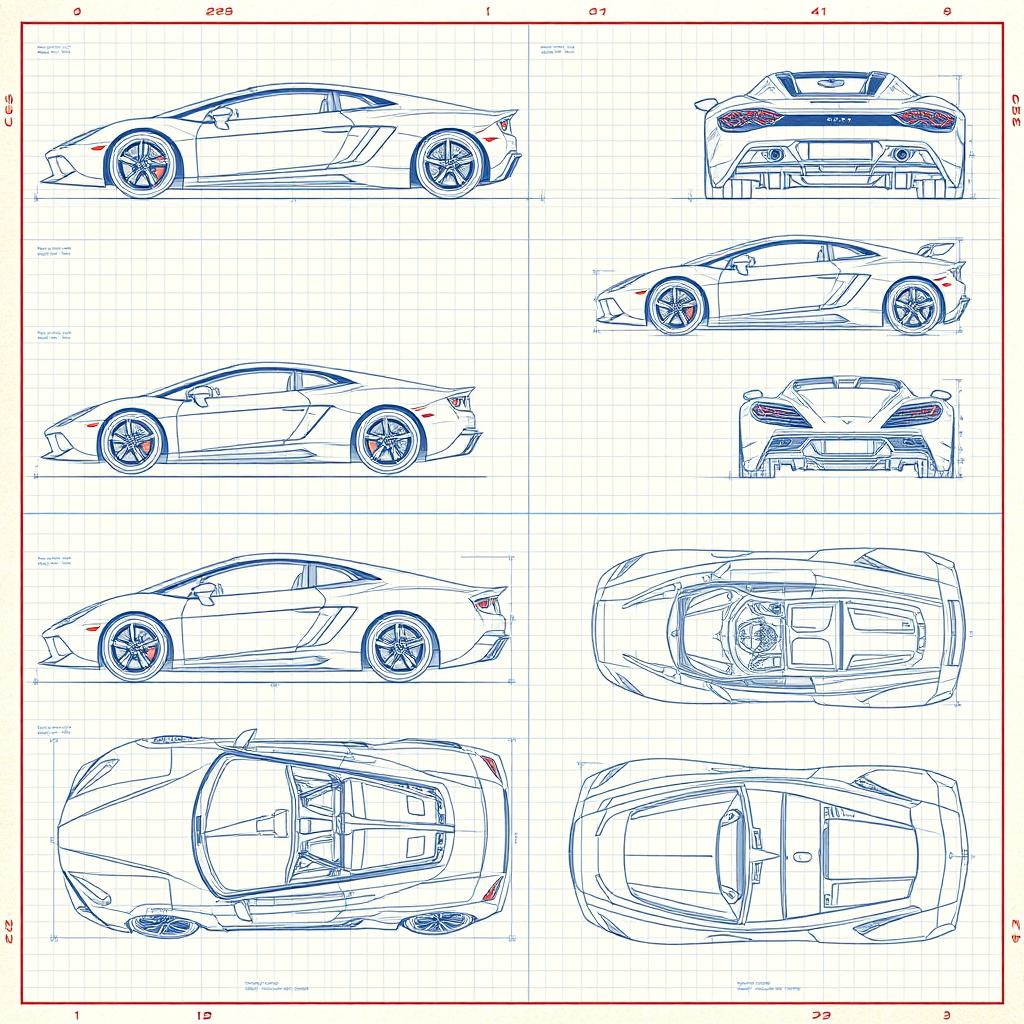 A comprehensive collection of 100 high-quality blueprint sketches of a supercar, featuring a variety of angles including right side, left side, front, back, top (up), and bottom (down)