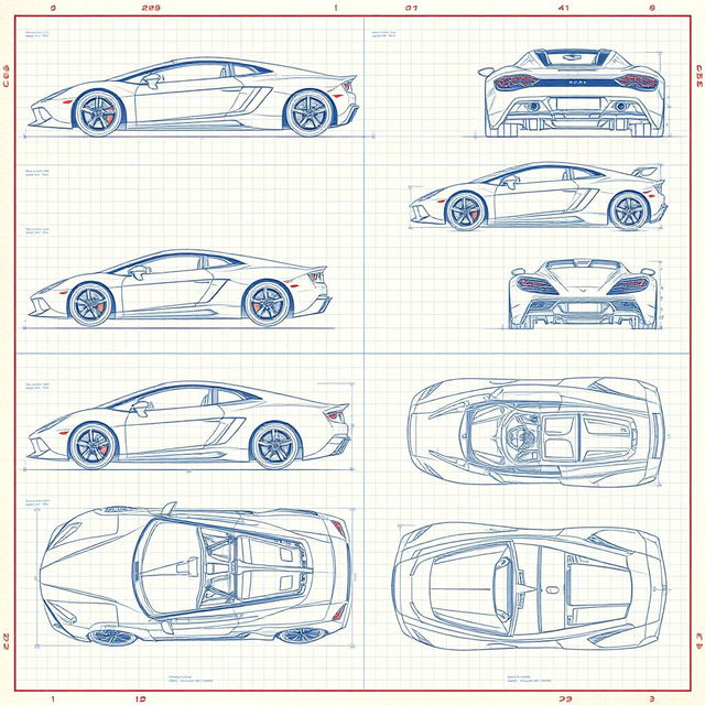 A comprehensive collection of 100 high-quality blueprint sketches of a supercar, featuring a variety of angles including right side, left side, front, back, top (up), and bottom (down)