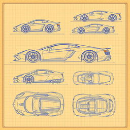 A comprehensive collection of 100 high-quality blueprint sketches of a supercar, featuring a variety of angles including right side, left side, front, back, top (up), and bottom (down)