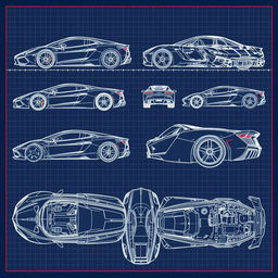 A comprehensive collection of 100 high-quality blueprint sketches of a supercar, featuring a variety of angles including right side, left side, front, back, top (up), and bottom (down)