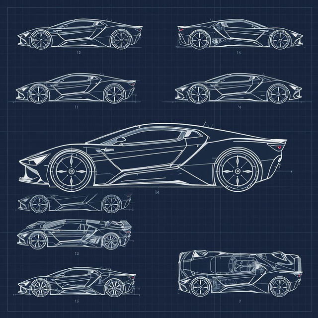 A detailed collection of 150 blueprint sketches of a futuristic car, showcasing a wide variety of angles including right side, left side, front, back, top (up), bottom (down), left right variations, and additional perspectives like front up and back down