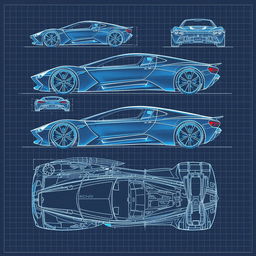 A detailed collection of 150 blueprint sketches of a futuristic car, showcasing a wide variety of angles including right side, left side, front, back, top (up), bottom (down), left right variations, and additional perspectives like front up and back down
