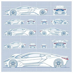 A detailed collection of 150 blueprint sketches of a futuristic car, showcasing a wide variety of angles including right side, left side, front, back, top (up), bottom (down), left right variations, and additional perspectives like front up and back down