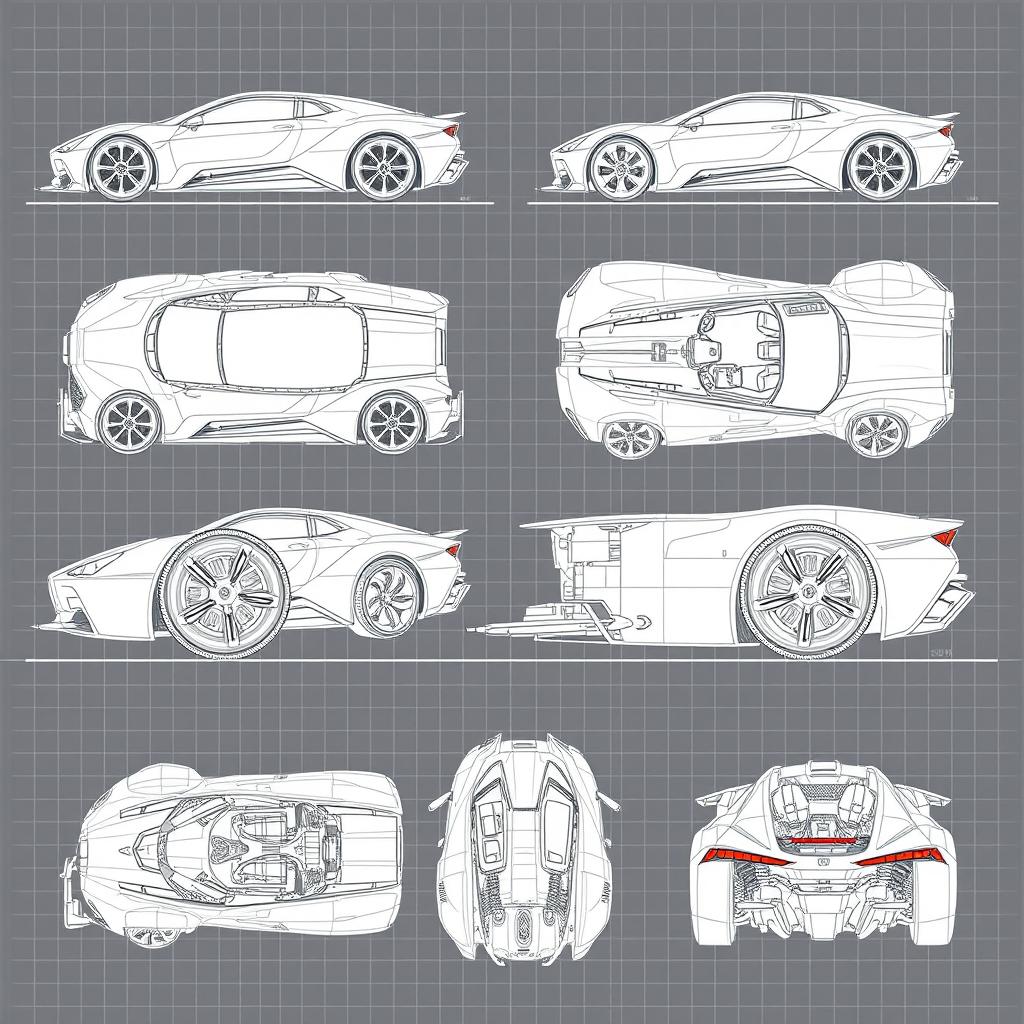 A collection of 40 detailed blueprint sketches of a futuristic car, featuring a variety of angles including right side, left side, front, back, top (up), bottom (down), and additional perspectives like left up, right down, back left, and front right