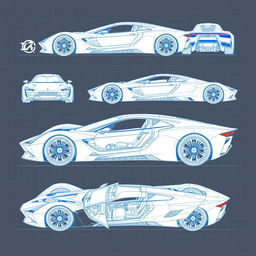 A collection of 40 detailed blueprint sketches of a futuristic car, featuring a variety of angles including right side, left side, front, back, top (up), bottom (down), and additional perspectives like left up, right down, back left, and front right