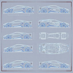 A collection of 40 detailed blueprint sketches of a futuristic car, featuring a variety of angles including right side, left side, front, back, top (up), bottom (down), and additional perspectives like left up, right down, back left, and front right