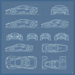 A collection of 40 detailed blueprint sketches of a futuristic car, featuring a variety of angles including right side, left side, front, back, top (up), bottom (down), and additional perspectives like left up, right down, back left, and front right