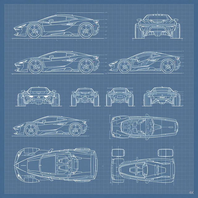 A collection of 40 detailed blueprint sketches of a futuristic car, featuring a variety of angles including right side, left side, front, back, top (up), bottom (down), and additional perspectives like left up, right down, back left, and front right