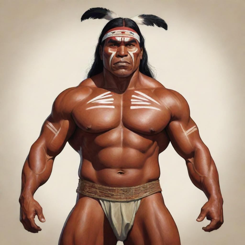 A striking full-bodied cartoon of a robust indigenous man painted as the antagonist. His muscular frame is adorned with traditional attire, and his facial expressions capture a sense of cunning and raw power.