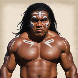 A striking full-bodied cartoon of a robust indigenous man painted as the antagonist. His muscular frame is adorned with traditional attire, and his facial expressions capture a sense of cunning and raw power.