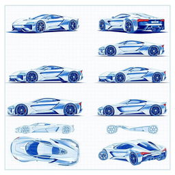 A collection of 90 stunning futuristic car blueprints, each showcasing different angles including front, back, right, left, up, down, and side views