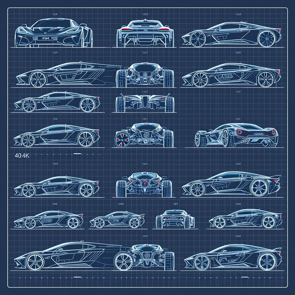 A collection of 90 stunning futuristic car blueprints, each showcasing different angles including front, back, right, left, up, down, and side views