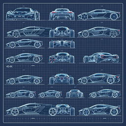 A collection of 90 stunning futuristic car blueprints, each showcasing different angles including front, back, right, left, up, down, and side views