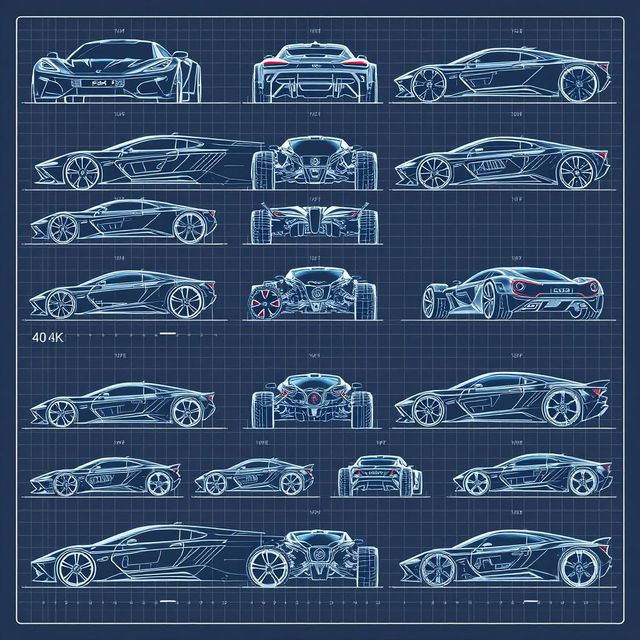 A collection of 90 stunning futuristic car blueprints, each showcasing different angles including front, back, right, left, up, down, and side views