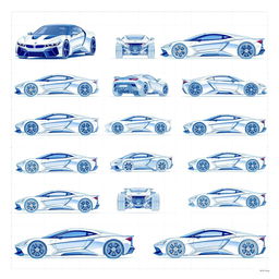 A collection of 90 stunning futuristic car blueprints, each showcasing different angles including front, back, right, left, up, down, and side views