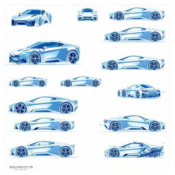 A collection of 90 stunning futuristic car blueprints, each showcasing different angles including front, back, right, left, up, down, and side views