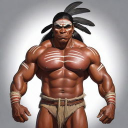 A striking full-bodied cartoon of a robust indigenous man painted as the antagonist. His muscular frame is adorned with traditional attire, and his facial expressions capture a sense of cunning and raw power.