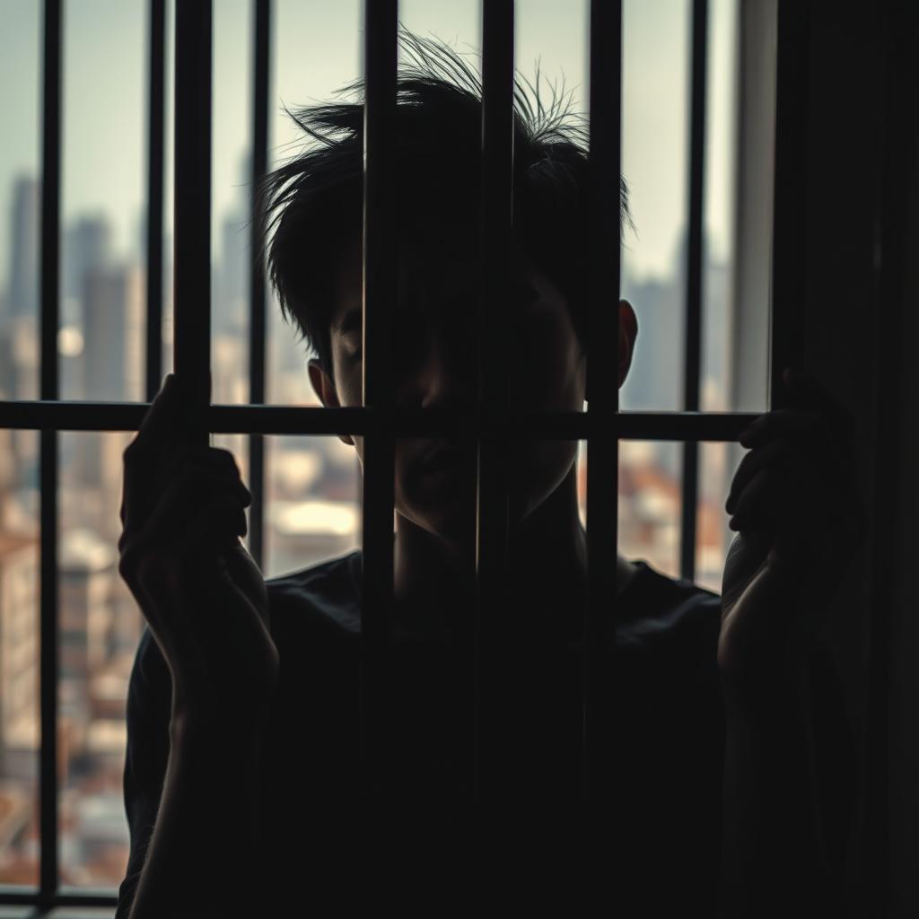 A poignant representation of confinement and longing for freedom, featuring a close-up of a shadowed figure standing behind bars, with their hands pressed against the cold metal