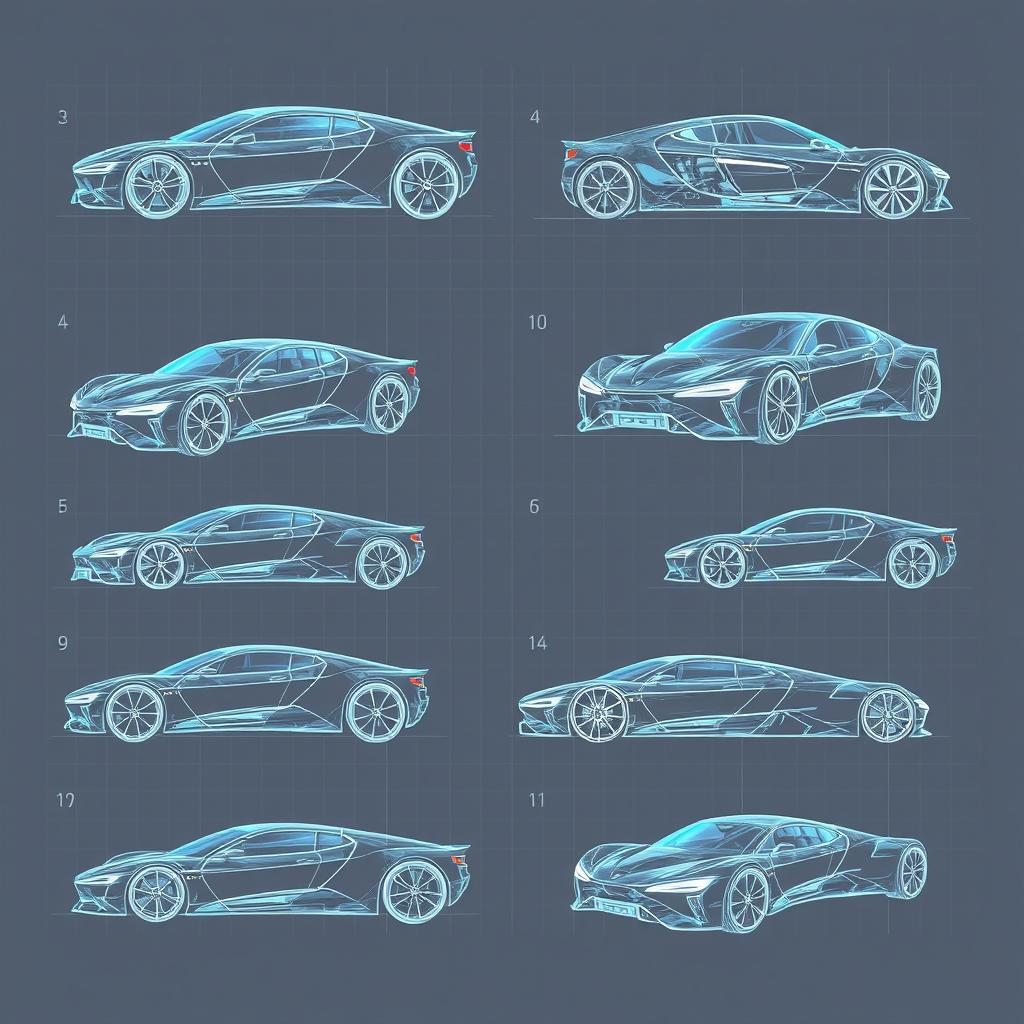 A collection of 90 highly detailed futuristic car blueprints, each showcasing different angles including front, back, right, left, up, down, and side views