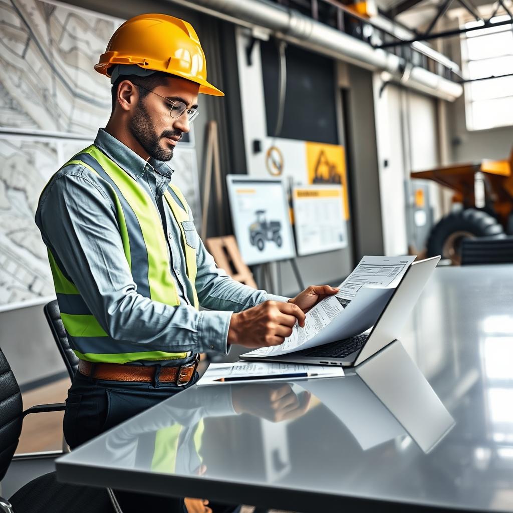 A professional mining buyer in an industrial office environment, engaged in procurement activities