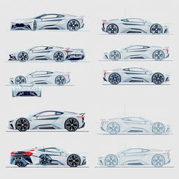 A collection of 90 highly detailed futuristic car blueprints, each showcasing different angles including front, back, right, left, up, down, and side views