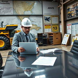 A professional mining buyer in an industrial office environment, engaged in procurement activities