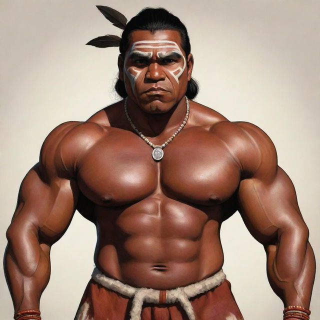 A striking full-bodied cartoon of a robust indigenous man painted as the antagonist. His muscular frame is adorned with traditional attire, and his facial expressions capture a sense of cunning and raw power.