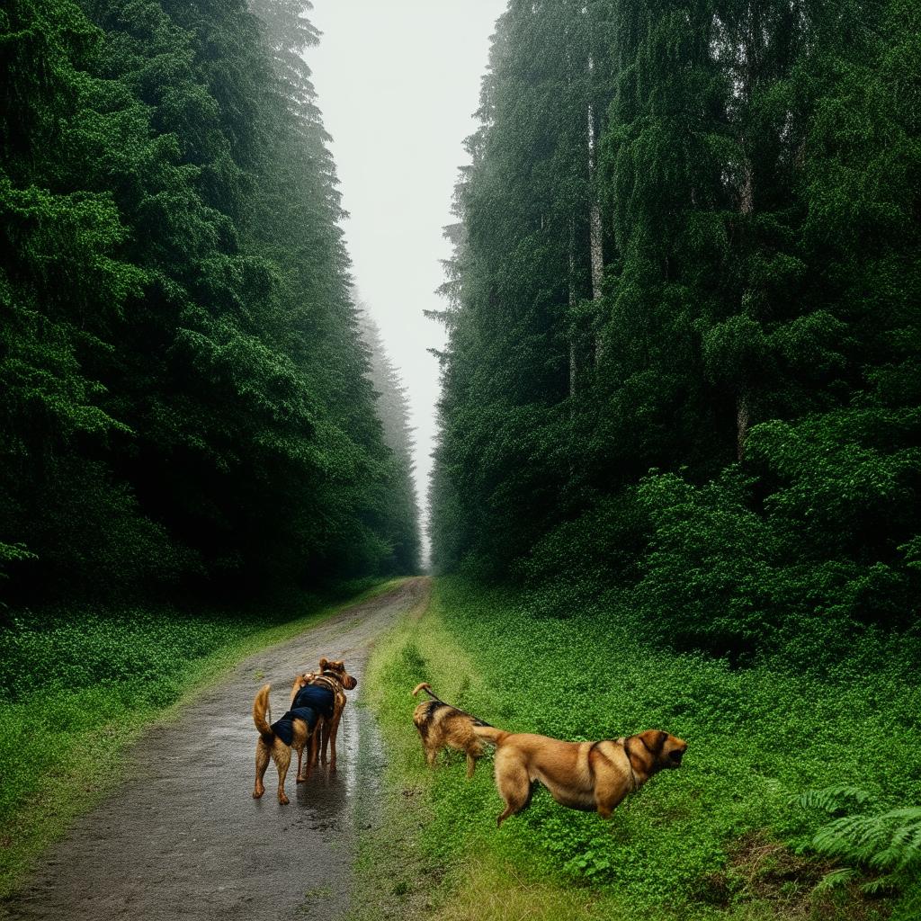 Sniffer dogs on the left side of a dense forest next to a well-tarred road that runs straight through the middle of the woodland area.