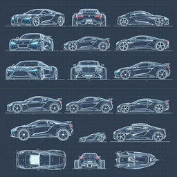 A collection of 90 highly detailed futuristic car blueprints, each showcasing different angles including front, back, right, left, up, down, and side views