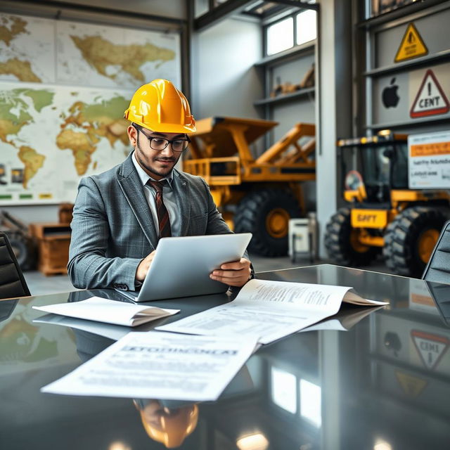 A professional mining buyer in an industrial office environment, engaged in procurement activities